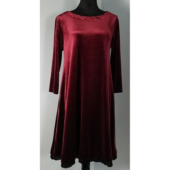 Cynthia Rowley Velvet Shift Dress Medium Maroon Black Trim 3/4 Length Sleeve - Picture 1 of 11